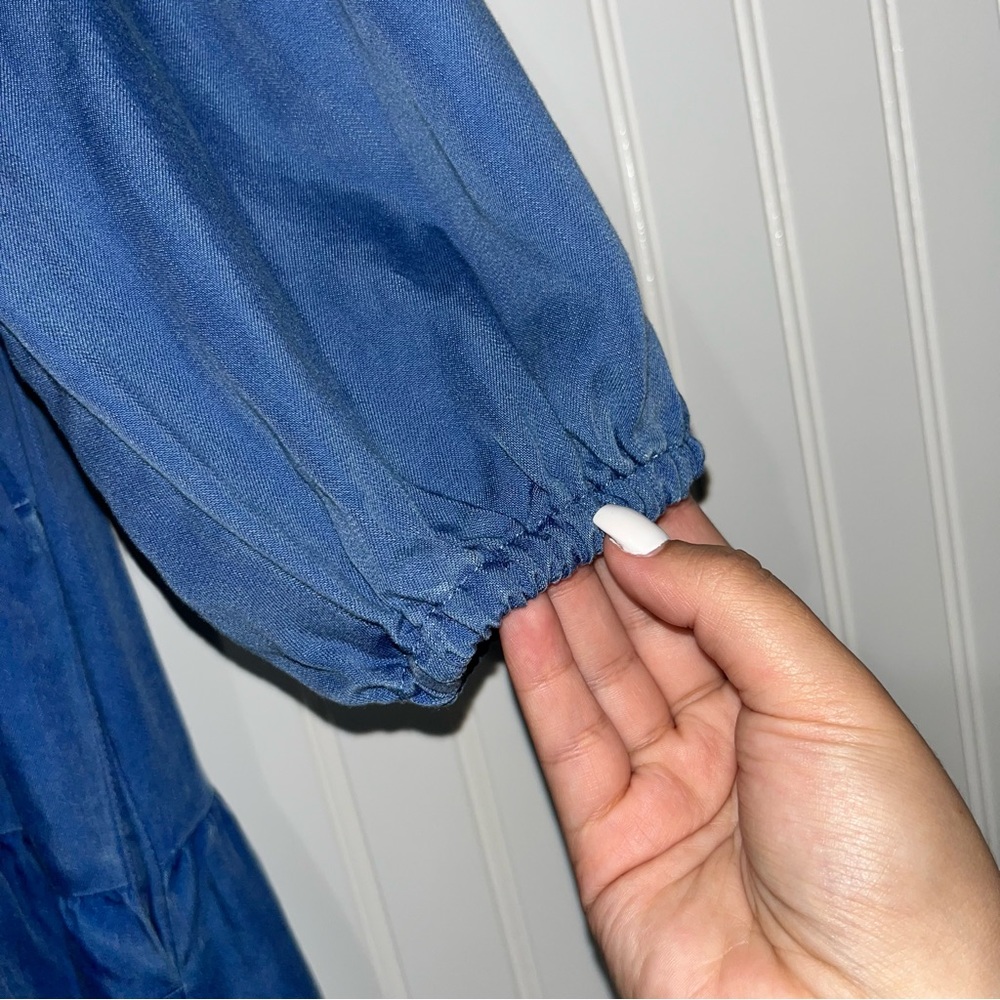 Old Navy XL petite ruffled tie neck tiered chambray tencel swing boho dress - Picture 3 of 8